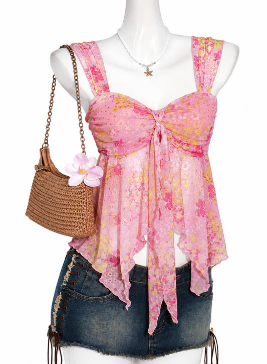 Asymmetrical hem floral mesh top